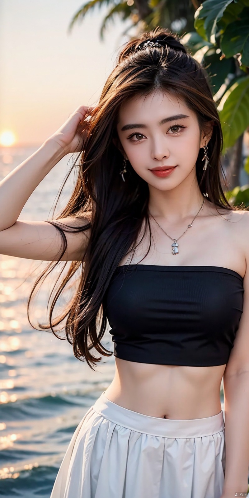  (Good structure),cowboy_shot, DSLR Quality,Depth of field ,looking_at_viewer,Dynamic pose, , kind smile,,
1girl, solo, long hair, , looking at viewer, skirt, hair ornament, bare shoulders, jewelry, , black hair, earrings, outdoors, midriff, water, necklace, lips, crop top, grey eyes, leaning forward, ocean, white skirt, strapless vest, sunset, sun, wangzuxian, molika