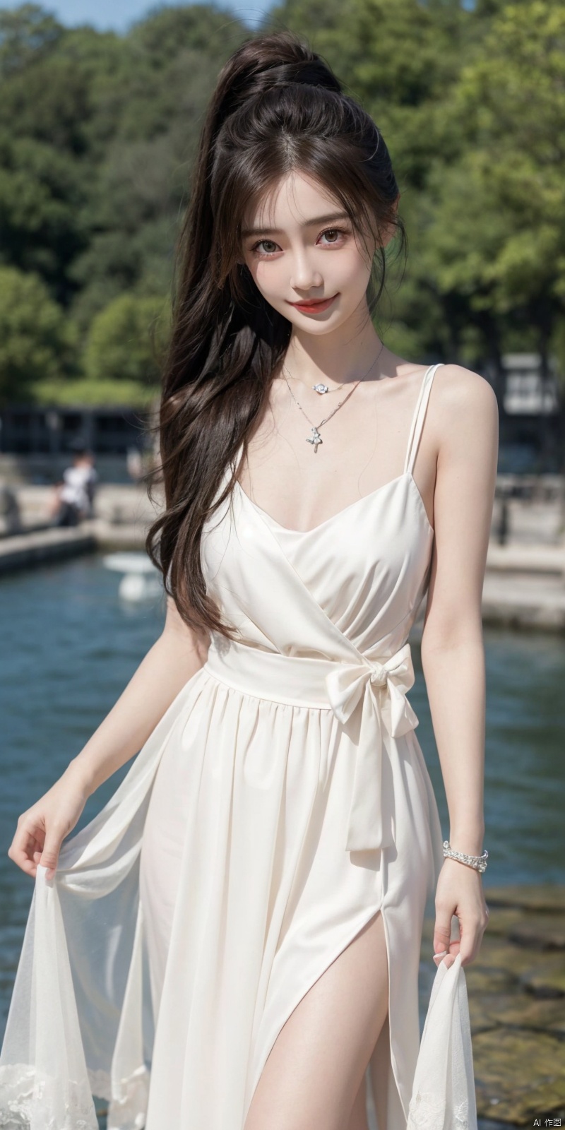  best quality, masterpiece, realistic, ,(Good structure), DSLR Quality,Depth of field,kind smile,looking_at_viewer,Dynamic pose, 
1girl, solo, long hair, , looking at viewer, blush, , bangs, blue eyes,, dress, bow, , bare shoulders, jewelry, very long hair, collarbone, ponytail, white hair, hair bow, thighs, outdoors, sky, sleeveless, day, cloud, water, necklace, white dress, hair over one eye, bracelet, blue sky, blue bow, wading, pendant, doll, skirt hold, rainbow, anastasia \(fate\), ,  , , angel