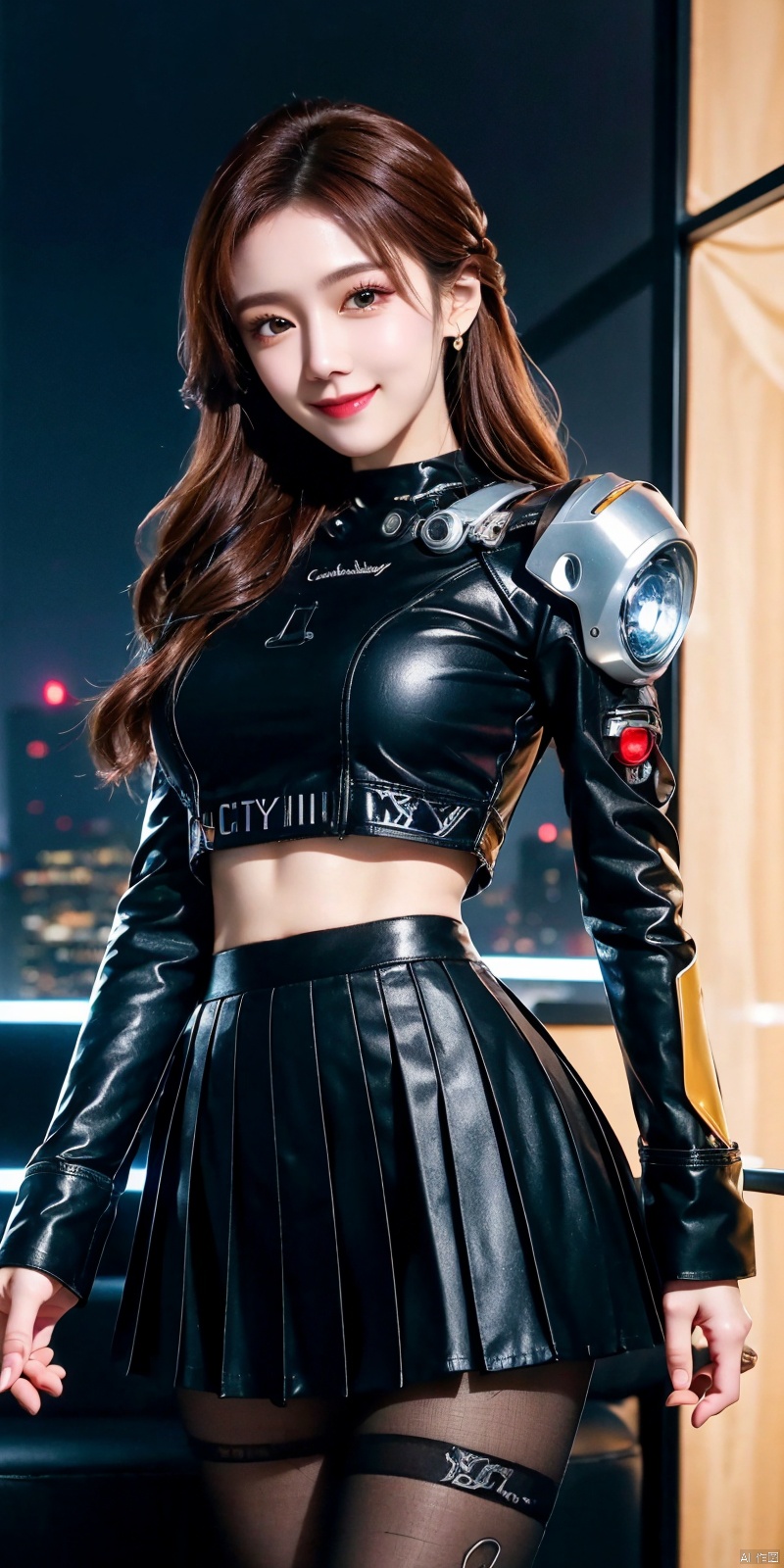 (Good structure),(best quality),masterpiece, clear and delicate picture,bright color,(best illuminate, best shadow),(best illustration), dynamic angle, , thick outline,chibi, detailed eyes, , detailed face, crop top, frilled sleeves, pleated skirt,  cowboy shot,Volumetric Lighting,(outline),(messy cyberpunk room:1.1),window,colourful, neon trim, cyberpunk city, High saturation, clouds and stars sky, Galaxy,((citylight)),kawaiitech,1girl,The eye,colorful_woman,pastel colors,1 girl,,zhennite,cyborg, 1girl, ((poakl)),kind smile,looking_at_viewer, blackpantyhose, cyborg