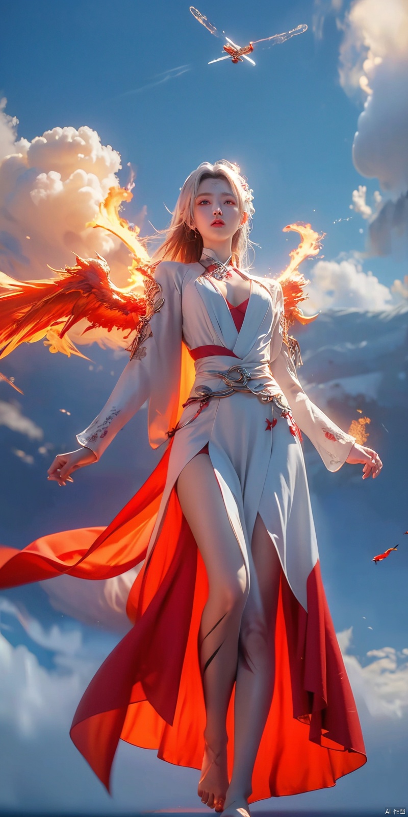 (Good structure), DSLR Quality, 1girl, 
(red fire,magic),(glowing eyes:1.3), 
chest,electricity, lightning,
white magic, aura,,
Front view,air,cloud,
backlight,looking at viewer,,white hair
very long hair,hair flowe

full_body,(bare feet,:1.2)(flying in the sky:1.6),(Stepping on the clouds:1.2),(Red Angel Wings:1.2), wings,  (\huo yan shao nv\), yunyun
