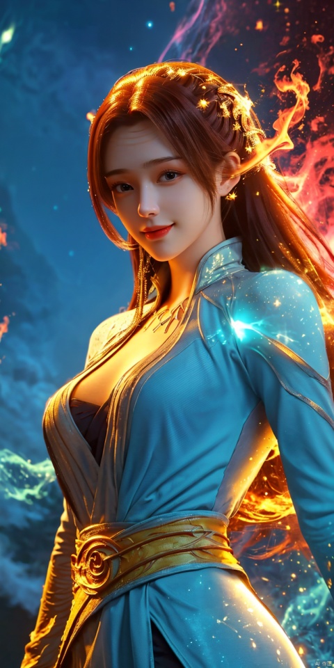  masterpiece, 1 girl, Look at me, Long hair, Flame, A magical scene, glowing, Floating hair, realistic, Nebula, An incredible picture, The magic array behind it, Stand, textured skin, super detail, best quality, r,dress, yunyun, ((poakl)),looking_at_viewer,kind smile,Dynamic pose