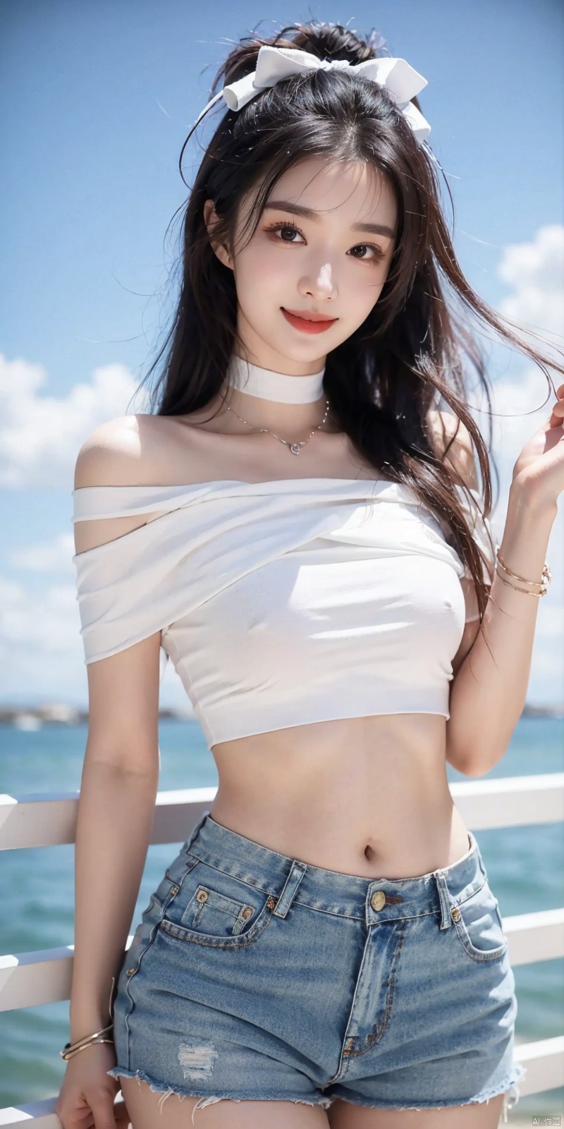  cowboy_shot,(Good structure), DSLR Quality,Short skirt,Blue sky, white clouds, ocean, nai3, 1girl, solo, crop top, , choker, navel, shirt, midriff, crop top overhang, looking at viewer, white shirt, jewelry, breasts, bare shoulders, off-shoulder shirt, off shoulder, black choker, thighs, stomach, long hair, bracelet, short sleeves, ribbon, hand up, collarbone, hair ribbon, medium breasts, , bra strap, , hair ornament, thigh gap, necklace, expressionless, , ,kind smile, , , ,wangchuran