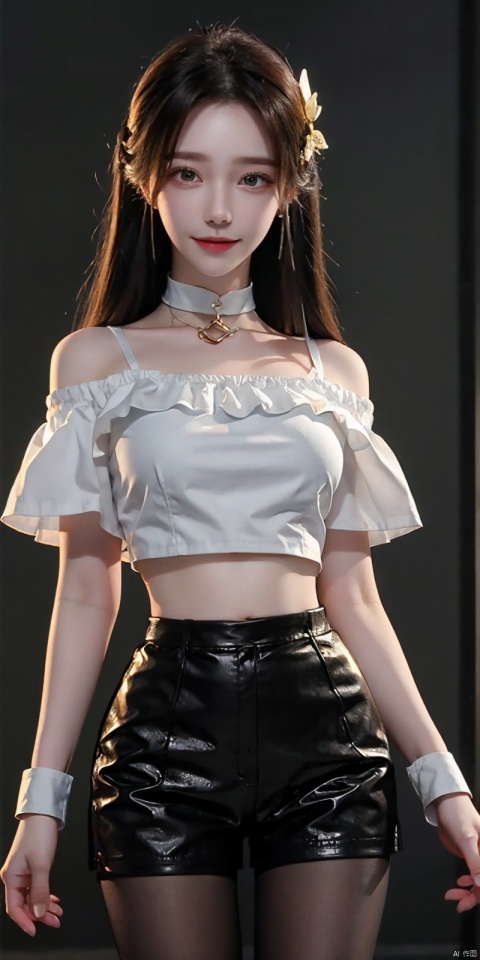  nai3, 1girl, solo, crop top, choker, miniskirt , navel, shirt, midriff, crop top overhang, looking at viewer, white shirt, jewelry, breasts, cowboy shot, bare shoulders, off-shoulder shirt, off shoulder, black choker, thighs, stomach, hand on own thigh, long hair, bracelet, short sleeves, ribbon, hand up, collarbone, hair ribbon, medium breasts, standing, , , bra strap, kind smile, hair ornament, thigh gap, bangs, necklace, expressionless,,kind smile , , blackpantyhose, , Dynamic pose,, liushen