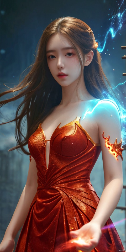  masterpiece, 1 girl, Look at me, Long hair, Flame, A magical scene, glowing, Floating hair, realistic, Nebula, An incredible picture, The magic array behind it, Stand, textured skin, super detail, best quality, , huolinger,dress, 1girl, yanlingji, ((poakl))