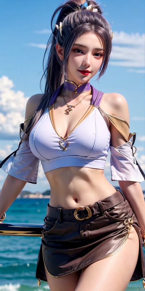 cowboy_shot,(Good structure),, Blue sky, miniskirt,white clouds, ocean,nai3, 1girl, , solo, crop top,  choker, navel, , midriff, crop top overhang, looking at viewer, , jewelry, breasts, bare shoulders, , off-shoulder shirt, off shoulder, black choker, thighs, stomach, , long hair, bracelet, short sleeves, ribbon, , collarbone, hair ribbon, medium breasts, ,,  bra strap, , hair ornament, thigh gap, necklace,  , ,kind smile, , , hanyue, high ponytail, purple hair,Dynamic pose
