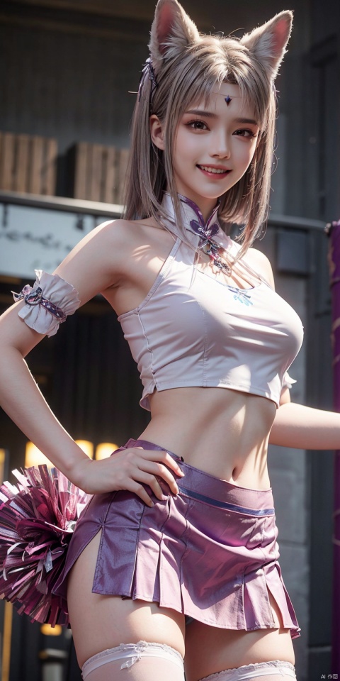 best quality, masterpiece, realistic,cowboy_shot,(Good structure), DSLR Quality,Depth of field,kind smile,looking_at_viewer,Dynamic pose, 
1girl, solo, breasts, looking at viewer, blush, smile, short hair, skirt, brown hair, shirt, thighhighs, navel, holding, animal ears, bare shoulders, underwear, standing, panties, tail, yellow eyes, white shirt, thighs, cowboy shot, pleated skirt, small breasts,, sleeveless, midriff, black thighhighs, indoors, miniskirt, stomach, white panties, grin, crop top, animal ear fluff, bare arms, fox ears, sleeveless shirt, fox tail, halo, pantyshot, white skirt, fox girl, brown thighhighs, cheerleader, pom pom \(cheerleading\), crop top overhang, holding pom poms,   , xiaoyixian,white_hair