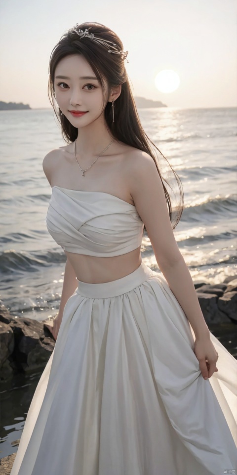 best quality, masterpiece, realistic,full_body,(Good structure), DSLR Quality,Depth of field,kind smile,looking_at_viewer,Dynamic pose, 
1girl, solo, long hair, , looking at viewer, skirt, hair ornament, bare shoulders, jewelry, , black hair, earrings, outdoors, midriff, water, necklace, lips, crop top, grey eyes, leaning forward, ocean, white skirt, strapless vest, sunset, sun, , , , weddingdress, , lichun