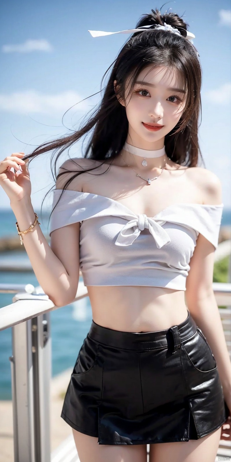  cowboy_shot,(Good structure), DSLR Quality,Short skirt,Blue sky, white clouds, ocean, nai3, 1girl, solo, crop top, , choker, navel, shirt, midriff, crop top overhang, looking at viewer, white shirt, jewelry, breasts, bare shoulders, off-shoulder shirt, off shoulder, black choker, thighs, stomach, long hair, bracelet, short sleeves, ribbon, hand up, collarbone, hair ribbon, medium breasts, , bra strap, , hair ornament, thigh gap, necklace, expressionless, , ,kind smile, , , ,wangchuran