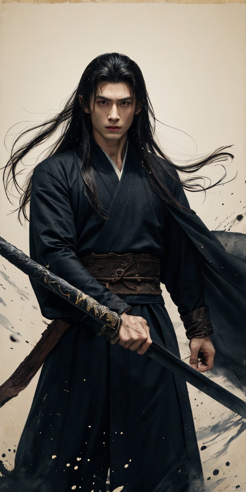  sdmai, wuxia, Chinese ink painting, artistic ink painting, Chinese martial arts films, wearing black robes, fighting posture, cinematic grandeur, splashing details, wild and powerful, solo, weapon, black hair, sword, long hair, male focus, looking at viewer, 1boy, scar, asuo, ((poakl))