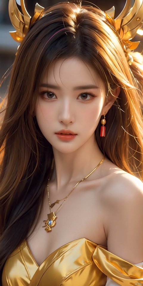  1girl,Bangs, off shoulder, colorful_hair, ((colorful hair)), yellow eyes, chest, necklace, earrings, floating hair, jewelry, sleeveless, very long hair,Looking at the observer, parted lips, pierced,energy,electricity,magic,tifa,sssr,blonde hair,jujingyi, (gold armor), liuyifei, yunxi, jiujiu, linzhiling