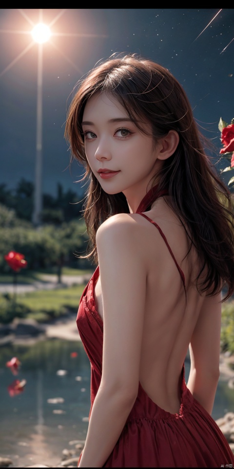  (Good structure), DSLR Quality,Depth of field ,looking_at_viewer,Dynamic pose, , kind smile,1girl ,
8k resolution, Masterpiece quality, High detail. from below,
Fantasy theme, cropped. {(1 girl:1.5),(close to viewer:1.8), ((looking at viewer:2), beautiful face, ), ((worm's eye shot:1.2)),perspective distortion}, (Panoramic view, fisheye lens effect:1.1). 
{(Strong backlighting, underexposure:1.4), (blocked shadows:0.8), depth of field(at 100mm focal length:1.2)}, (horizon:0.7), low key earth.
the starry sky feathering into the background, creating a sense of depth and gradient. Incorporating Droste Effect(an endless repetition and reflection:1.2). 
Surrounded by fluttering rose petals, reflected or casting dramatic shadows and highlights, {(meteor shower, planets:1.1), (Vermilion Comet:1.3)}. mesmerizing effect, a dreamlike ambiance of infinity. A vortex of rose petals, a starry sky vortex, , as, vortex, tyjf, , , linzhiling, 1girl