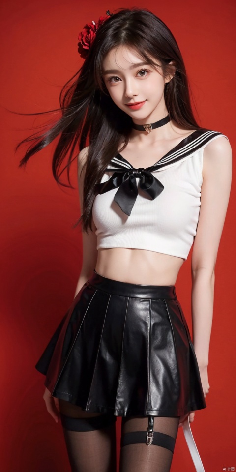  (Good structure),cowboy_shot, DSLR Quality,Depth of field ,looking_at_viewer,Dynamic pose, , kind smile,,
 A girl, Simple background, solo, , looking at viewer, smile, black hair, hair ornament, red eyes, bow, navel, closed mouth, school uniform, collarbone, pantyhose, thighs, Ultra-short leather pants, choker, midriff, hair flower, on back, bowtie, black pantyhose, petals, pink shirt, thigh strap, rose, black choker, red flower, black nails, white sailor collar, brown pantyhose, red choker, crop top overhang, Hands behind your back., best quality,wangyushan,eluosi, blackpantyhose