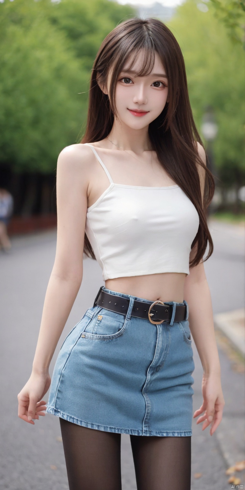  best quality, masterpiece, cowboy_shot,(Good structure), DSLR Quality,Depth of field,kind smile,looking_at_viewer,Dynamic pose,
 1girl, 3d, bare_shoulders, belt, blurry, blurry_background, blurry_foreground, branch, , , , collarbone, cosplay_photo, denim, denim_skirt, depth_of_field, , lips, long_hair, looking_at_viewer, midriff, miniskirt, motion_blur, navel, outdoors, photo_\(medium\), realistic, skirt, solo, standing, tree, , , , blackpantyhose, , , , , futuaner