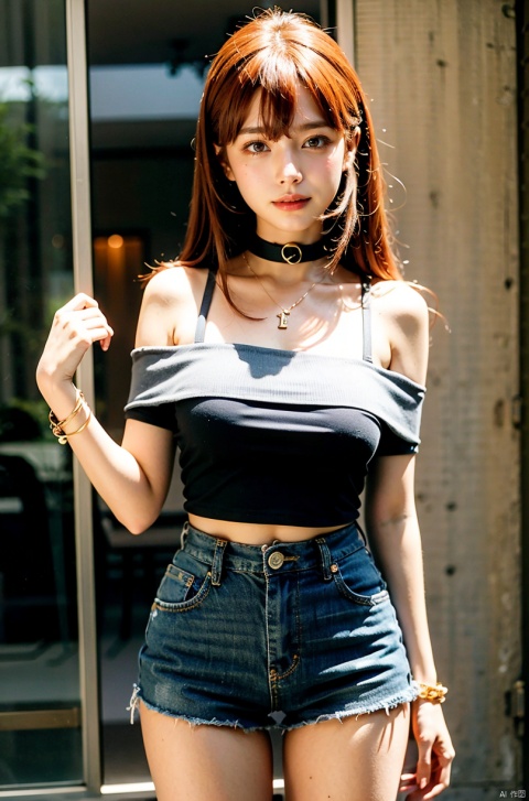  nai3, 1girl, shorts, solo, crop top, black shorts, choker, navel, shirt, midriff, crop top overhang, looking at viewer, white shirt, jewelry, breasts, cowboy shot, bare shoulders, short shorts, off-shoulder shirt, off shoulder, black choker, thighs, stomach, hand on own thigh, long hair, bracelet, short sleeves, ribbon, hand up, collarbone, hair ribbon, medium breasts, standing, high-waist shorts, dolphin shorts, bra strap, closed mouth, hair ornament, thigh gap, bangs, necklace, expressionless,,,,long_hair,kind smile, yae miko,pink hair