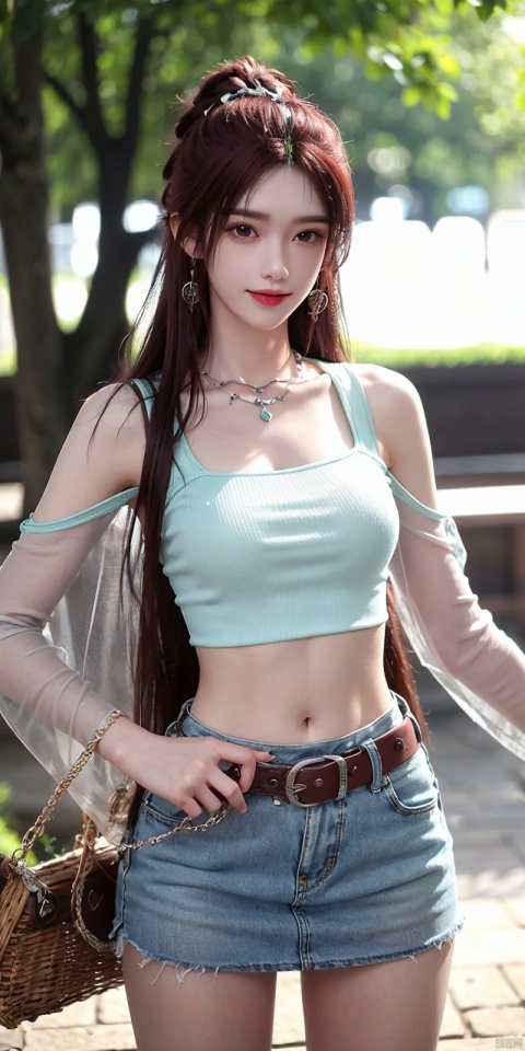  best quality, masterpiece, cowboy_shot,(Good structure), DSLR Quality,Depth of field,kind smile,looking_at_viewer,Dynamic pose,
 1girl, 3d, bare_shoulders, belt, blurry, blurry_background, blurry_foreground, branch, , , , collarbone, cosplay_photo, denim, denim_skirt, depth_of_field, , lips, long_hair, looking_at_viewer, midriff, miniskirt, motion_blur, navel, outdoors, photo_\(medium\), realistic, skirt, solo, standing, tree, , , , yeqinxian