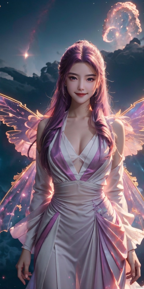  (Good structure), DSLR Quality,Depth of field,kind smile,looking_at_viewer,Dynamic pose, 1girl, wings, solo, nebula wings, , long hair, navel, dress, pink wings, looking at viewer, star \(sky\), , , bare shoulders, sky, starry sky, collarbone, realistic, nebula,,, , xuancaiqun, , yunxiao,purple_hair