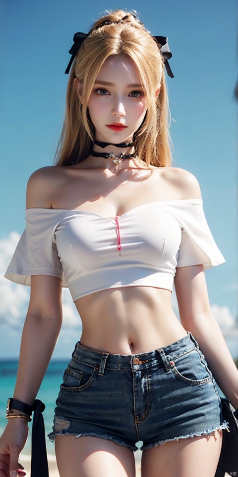  cowboy shot, Blue sky, white clouds, ocean,nai3, 1girl, shorts, solo, crop top, black shorts, choker, navel, shirt, midriff, crop top overhang, looking at viewer, white shirt, jewelry, breasts, bare shoulders, short shorts, off-shoulder shirt, off shoulder, black choker, thighs, stomach, hand on own thigh, long hair, bracelet, short sleeves, ribbon, hand up, collarbone, hair ribbon, medium breasts, standing, high-waist shorts, dolphin shorts, bra strap, , hair ornament, thigh gap, necklace, expressionless, , ,kind smile, blonde hair, qianrenxue