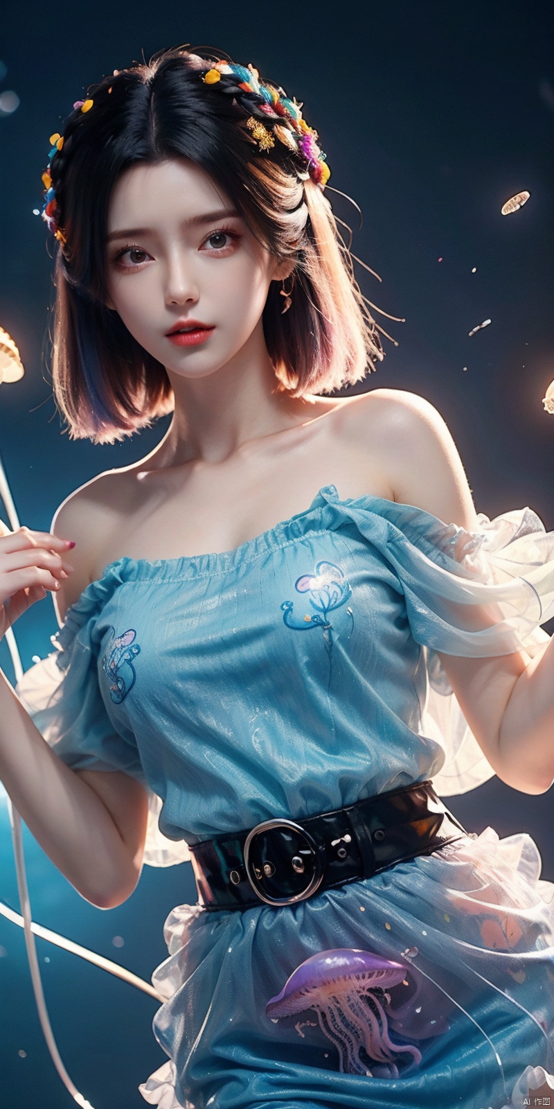  Colorful Girl, 1Girl,Colorful jellyfish, colorful jellyfish floating in the air,Close shot, large jellyfish on head, front, upper body, above thighs, blue **** top dress, complex fluid shaped colored short skirt at waist, off shoulder, colorful print, looking at the camera, colored gradient hair, dark gradient background, depth of field, glow, hand101, 1girl, jiangli