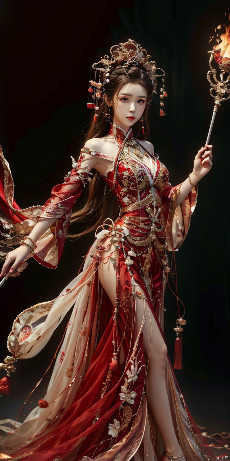   cowboy_shot,(Good structure), DSLR Quality,Depth of field,kind smile,looking_at_viewer,Dynamic po,masterpiece, official art, extremely detailed cg unity 8k wallpaper, highly detailed, absurdres, 8k resolution, 1girl, long hair, solo, black hair, dress, holding, fire, white dress, staff, barefoot, jewelry, dark skin, long dress, breasts, weapon, full body, polearm, holding staff, bracelet, looking at viewer, dark-skinned female, standing, torn clothes, blood, spear, holding weapon, medium breasts, floating hair, closed mouth, embers, holding polearm , depth of field, panorama, cinematic lighting, ray tracing, ((poakl)), chineseclothes, hanikezi