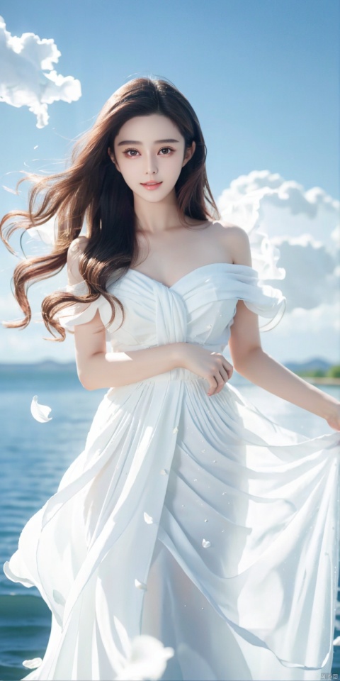  DSLR, depth of field, (1girl:1.2), , very long hair, low twintails, yellow eyes, light smile, looking at viewer, white shirt, white skirt, (flying white chiffon:1.5), bare shoulder, (flying blue petals:1.2), (standing above water surface), sky background, (cloud:1.2), white bird, floating water drops, (white border:1.2) , 
backlight, , jujingyi, taoist robe, ll-hd,(((large breasts)), depth of field,, ((poakl)),  fanbing