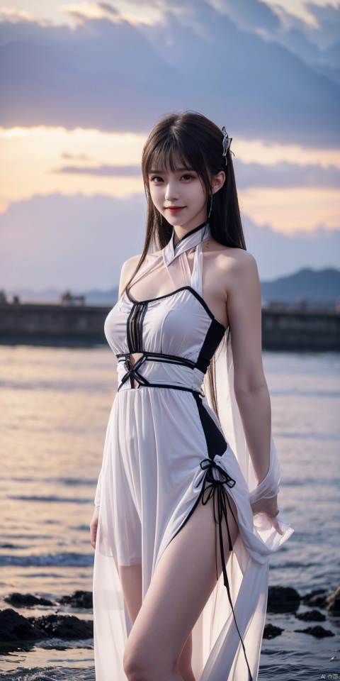  best quality, masterpiece, realistic, ,(Good structure), DSLR Quality,Depth of field,kind smile,looking_at_viewer,Dynamic pose, 
1girl, solo, looking at viewer, , ,, , bangs, black hair, dress, ribbon, bare shoulders, brown eyes, standing, collarbone, :d, outdoors, sky, sleeveless, cloud, signature, blunt bangs, water, white dress, bare arms, black ribbon, sleeveless dress, ocean, sunlight, wading, sunset, skirt hold, sun, horizon, sundress, see-through silhouette,  , xiaoyixian,white_hair