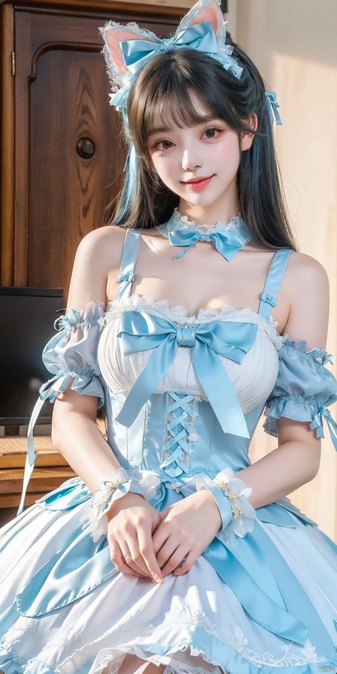  (Good structure), DSLR Quality,(wariza),,Girl, bare shoulders, blue hair, boobs, bow tie, brown eyes, cat ears, collar, ((Lolita Dress: 1.4)) , blue and white Lolita dress, wrinkled leg outfit, hand-held, lips, nose, shoulders, , alone, two-tailed, kind smile, looking at the audience, white leg costume, wrist cuffs, 1girl,,looking_at_viewer, xuner, lolidress