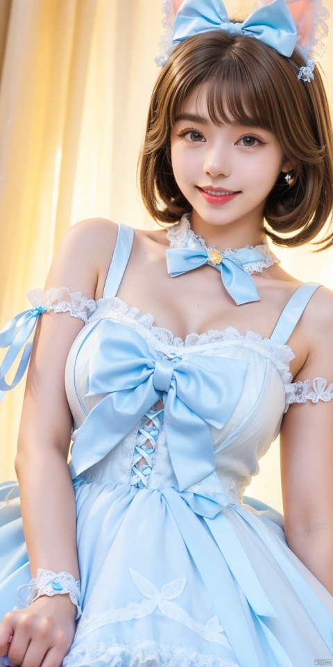  (Good structure), DSLR Quality,,,Girl, bare shoulders,  , boobs, bow tie, brown eyes, cat ears, collar, ((Lolita Dress: 1.4)) , blue and white Lolita dress, wrinkled leg outfit, hand-held, lips, nose, shoulders, , alone,  , kind smile, looking at the audience, white leg costume, wrist cuffs, 1girl,,looking_at_viewer, lolidress, ,brown hair, youna,short_hair