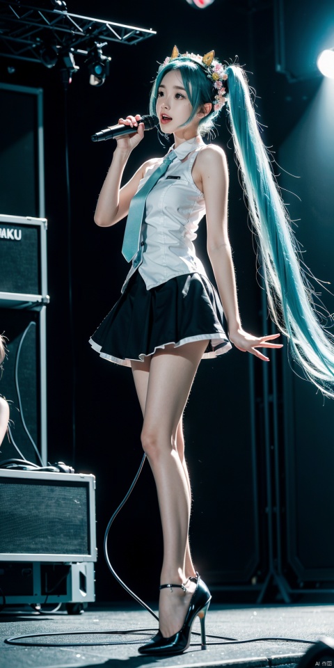 ps \(medium \), 1 girl, high quality, best quality, Hatsune Miku, blue hair, small breasts, long hair, (prominent pupil :1.2), (long black dress 1.8, flower, gilt decoration, high heels, floral headdress), (Singing, microphone, holding microphone in both hands, sad mood), (stage, large outdoor stage, dim, Spotlight, breeze, fluttering hair), (whole body 1.8), night, stretch legs, (face :2.0), (side face 1.8), pose, (playing electricity guitar:1.4), (Passers-by, spectators, blur:1.3)
, Hatsune Miku, long hair, looking at the audience, tie, open mouth, pleated skirt, shirt, skirt, sleeveless, sleeveless shirt, solo, speech bubble, thigh high heels, , very long hair, first tone future,
 ,chuyinweilai,twintails,aqua hair, 1girl
