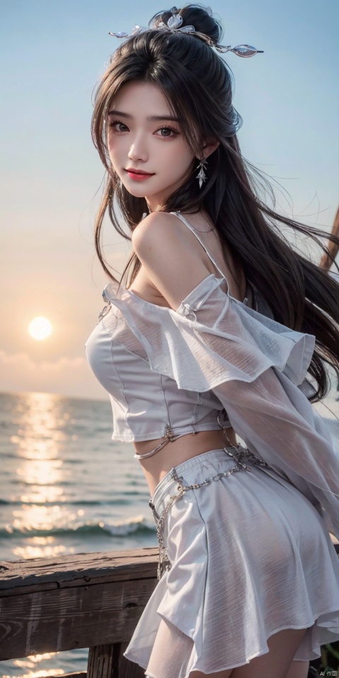  (Good structure),cowboy_shot, DSLR Quality,Depth of field ,looking_at_viewer,Dynamic pose, , kind smile,,
1girl, solo, long hair, , looking at viewer, skirt, hair ornament, bare shoulders, jewelry, , black hair, earrings, outdoors, midriff, water, necklace, lips, crop top, grey eyes, leaning forward, ocean, white skirt, strapless vest, sunset, sun, , luxueqi