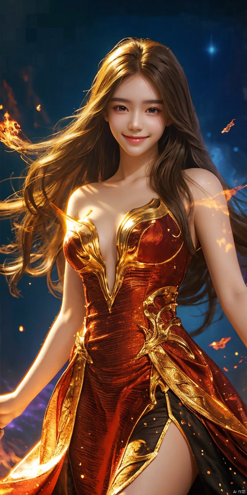  (Good structure), DSLR Quality,Depth of field,kind smile,looking_at_viewer,Dynamic pose, masterpiece, 1 girl, Look at me, Long hair, Flame, A magical scene, glowing, Floating hair, realistic, Nebula, An incredible picture, The magic array behind it, Stand, textured skin, super detail, best quality, ,dress, 1girl, yanlingji, ((poakl))