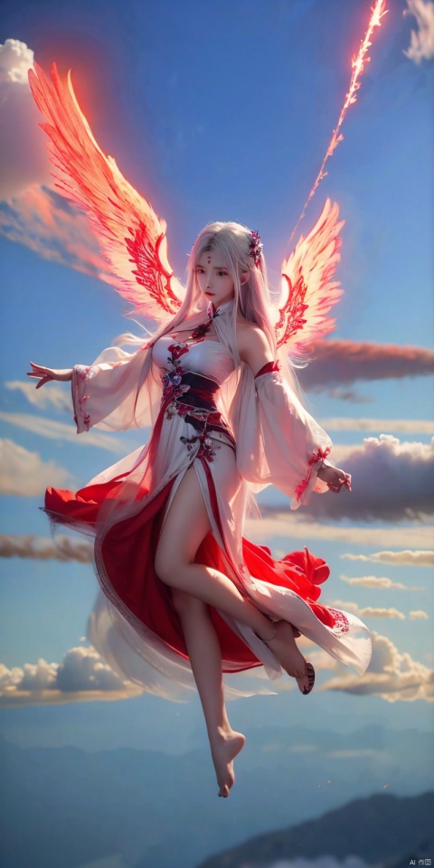  (Good structure), DSLR Quality,1girl, 
(red fire,magic),(glowing eyes:1.3), 
chest,electricity, lightning,
white magic, aura,,
Front view,air,cloud,
backlight,looking at viewer,,white hair
very long hair,hair flowe

(bare feet,:1.2)(flying in the sky:1.6),(Stepping on the clouds:1.2),(Red Angel Wings:1.2), wings,((poakl)), xiaoyixian,white hair, 1girl