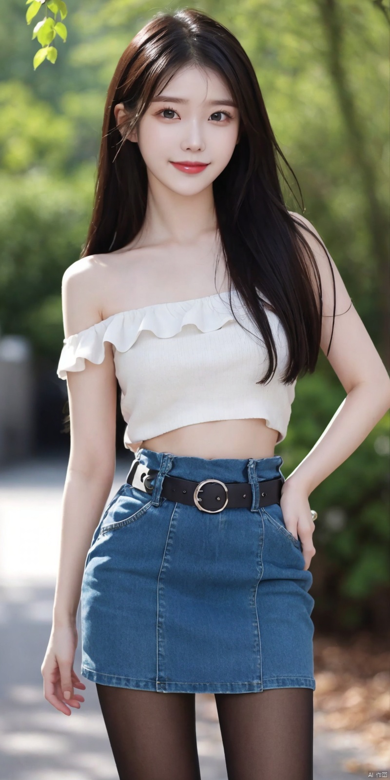  best quality, masterpiece, cowboy_shot,(Good structure), DSLR Quality,Depth of field,kind smile,looking_at_viewer,Dynamic pose,
 1girl, 3d, bare_shoulders, belt, blurry, blurry_background, blurry_foreground, branch, , , , collarbone, *******_photo, denim, denim_skirt, depth_of_field, , lips, long_hair, looking_at_viewer, midriff, miniskirt, motion_blur, navel, outdoors, photo_\(medium\), realistic, skirt, solo, standing, tree, , , , blackpantyhose, , , , , , , lizhien