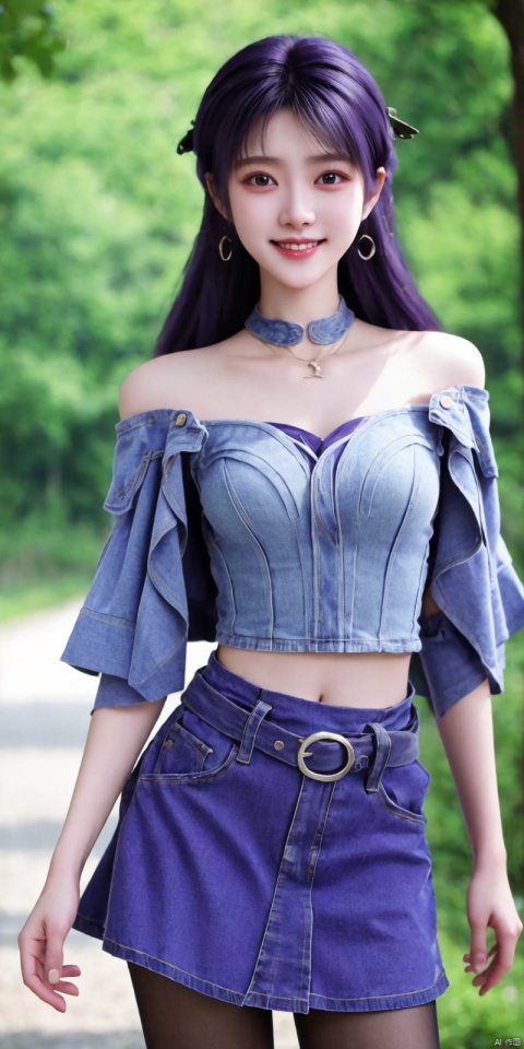  best quality, masterpiece, cowboy_shot,(Good structure), DSLR Quality,Depth of field,kind smile,looking_at_viewer,Dynamic pose,
 1girl, 3d, bare_shoulders, belt, blurry, blurry_background, blurry_foreground, branch, , , , collarbone, cosplay_photo, denim, denim_skirt, depth_of_field, , lips, long_hair, looking_at_viewer, midriff, miniskirt, motion_blur, navel, outdoors, photo_\(medium\), realistic, skirt, solo, standing, tree, , , , blackpantyhose, , , , jiziyue,purple_hair