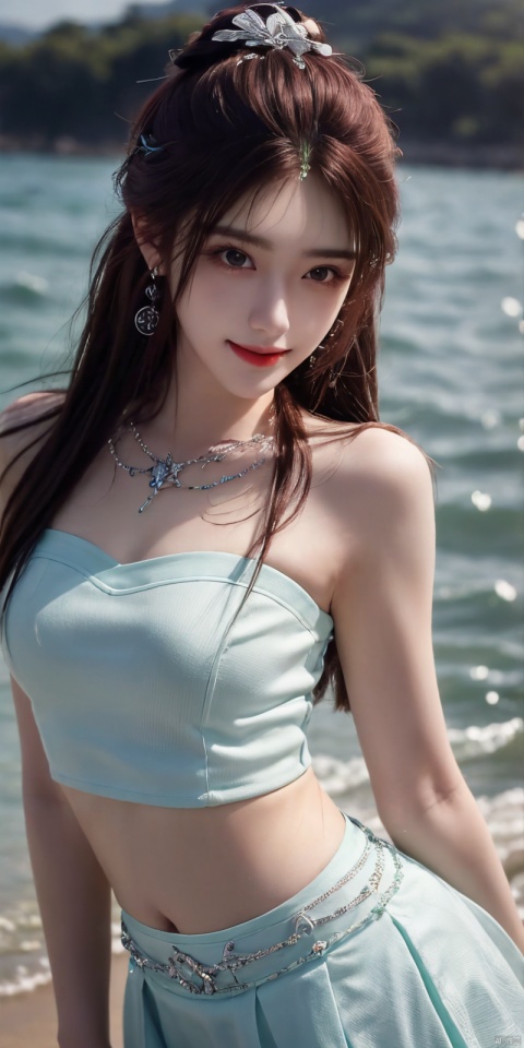  best quality, masterpiece, realistic,cowboy_shot,(Good structure), DSLR Quality,Depth of field,kind smile,looking_at_viewer,Dynamic pose, 
1girl, solo, long hair, , looking at viewer, skirt, hair ornament, bare shoulders, jewelry, , black hair, earrings, outdoors, midriff, water, necklace, lips, crop top, grey eyes, leaning forward, ocean, white skirt, strapless vest, sunset, sun, ,  , yeqinxian,brown_hair