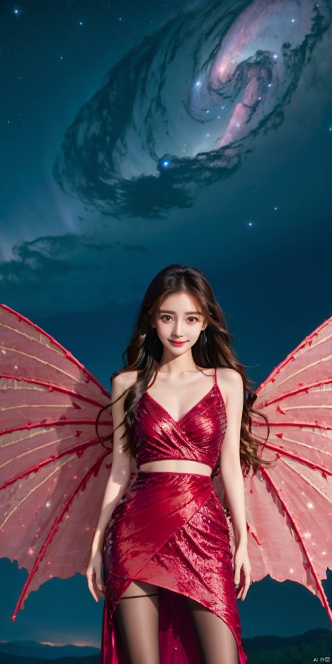  (Good structure),cowboy_shot, DSLR Quality,Depth of field,kind smile,looking_at_viewer,Dynamic pose, 1girl, wings, solo, nebula wings, breasts, , long hair, navel, dress, pink wings, looking at viewer, star , , , bare shoulders, sky, starry sky, collarbone, realistic, nebula, ((poakl)),, angel, red dress, blackpantyhose