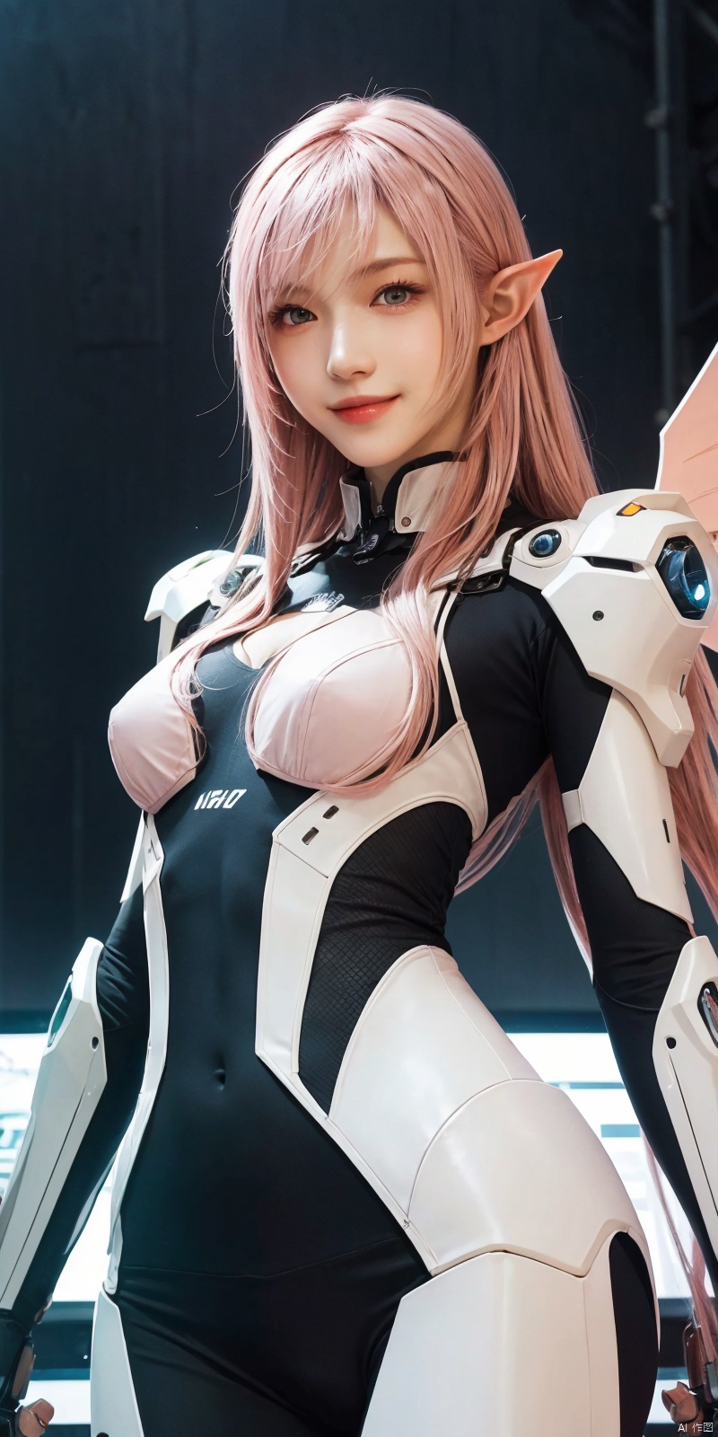 best quality, masterpiece, realistic,cowboy_shot,(Good structure), DSLR Quality,Depth of field,kind smile,looking_at_viewer,Dynamic pose, 
,,1girl, solo, long hair, breasts, looking at viewer, bangs, medium breasts, pink hair, wings, pointy ears, medium hair, lips, orange eyes, bodysuit, science fiction, mecha musume, joints, robot joints, mechanical wings,leiting, 1girl