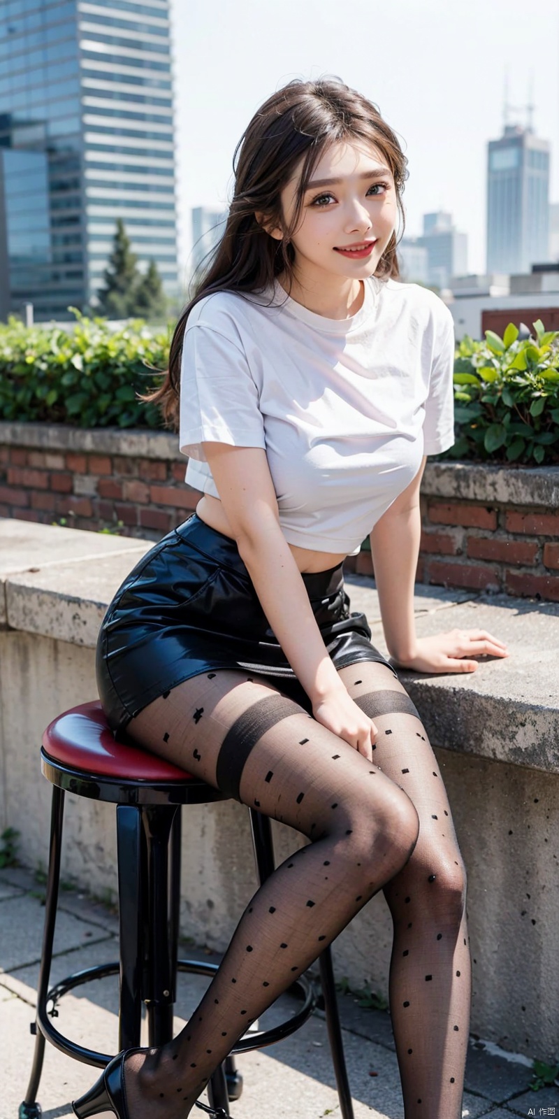  (Good structure),cowboy_shot, DSLR Quality,Depth of field ,looking_at_viewer,Dynamic pose, , kind smile,,（midynight, Acura, 8K, tmasterpiece： 1.3）, outdoor,cowboy_shot,
full bodyesbian, long leges, Focalors： 1.2, perfect figure beautiful woman： 1.4, Slim abs： 1.1, , （Light purple skinny T-shirt, short  skirt,sitting on a stool： 1.2）, （city , the roof： 1.3））, Highly Detailed Face andSkinTextur,detailedeyes,, blackpantyhose, polkadot,printlegwear,argylelegwear,1girl,high heels,,,thighhighs, , Detail,, 1girl, , , aomei