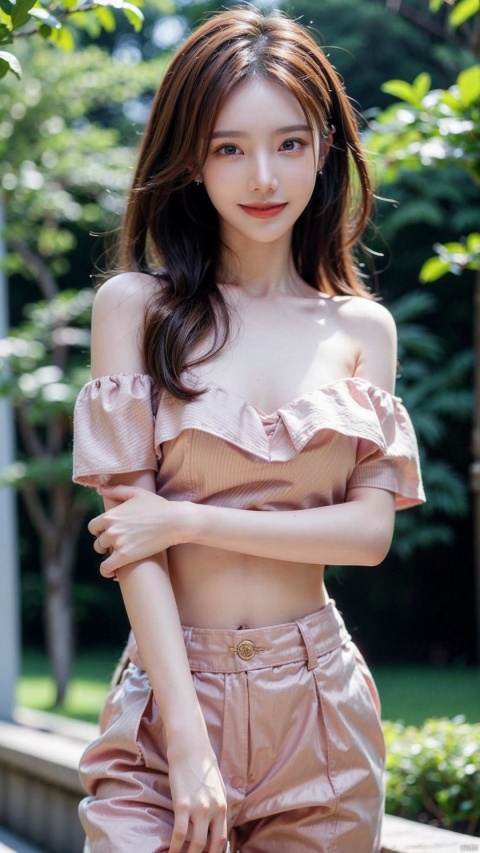  1girl, (looking at viewer), (bokeh:1.1), closed mouth,light smile, realistic, arm up, off shoulder,
pants, skyline,
best quality, (photorealistic:1.4), ultra highres, jinchen