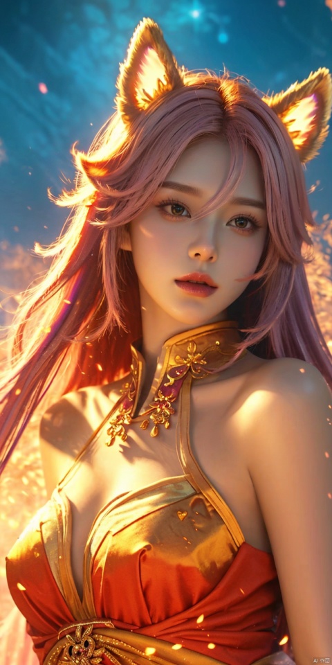  masterpiece, 1 girl, Look at me, Long hair, Flame, A magical scene, glowing, Floating hair, realistic, Nebula, An incredible picture, The magic array behind it, Stand, textured skin, super detail, best quality, ,,dress, ((poakl)), yae miko,purple eyes, pink hair, animal ears, bare shoulders, fox ears, heart, , long hair, , hair between eyes,