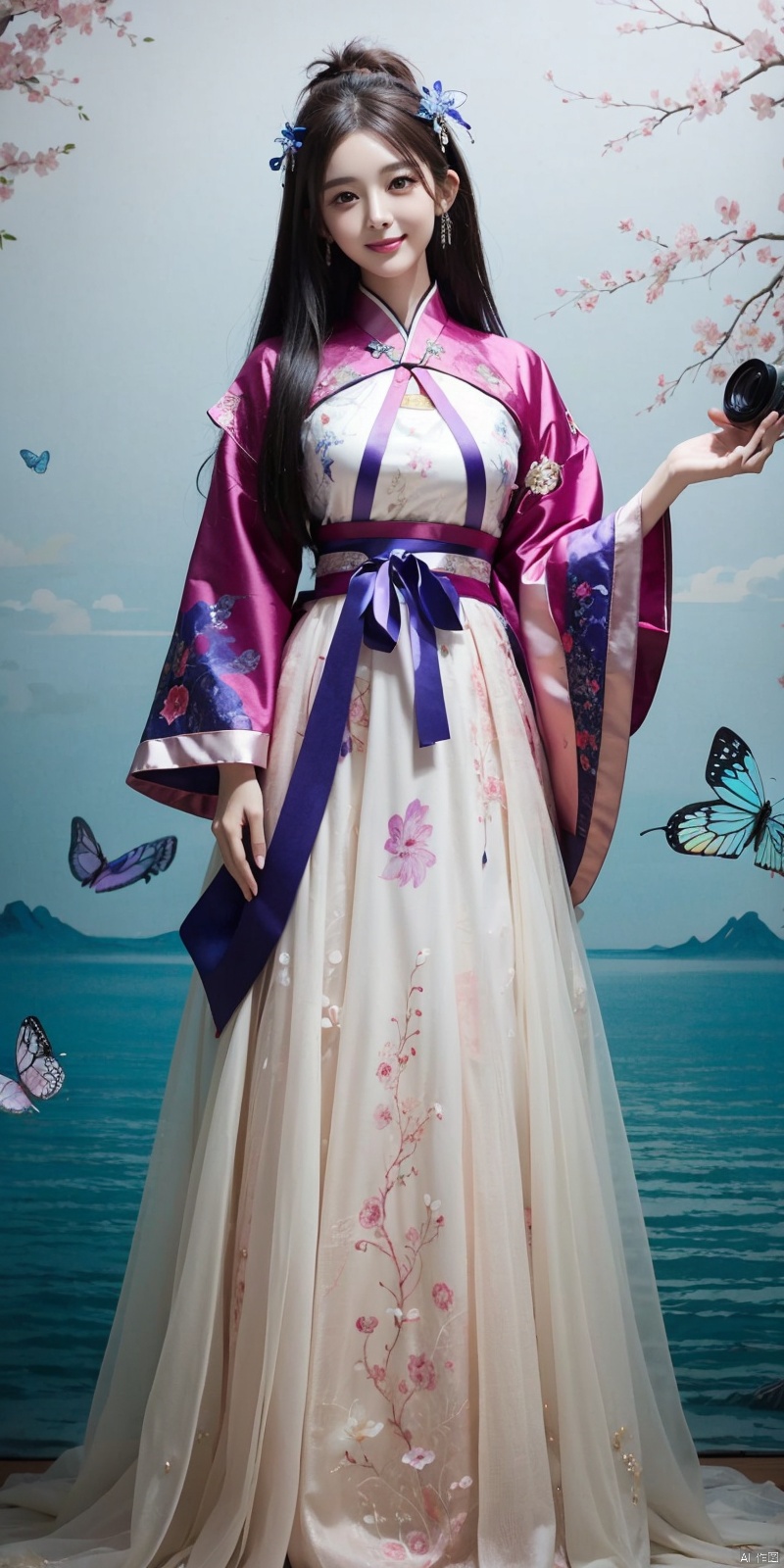  best quality, masterpiece, (cowboy_shot),(Good structure), DSLR Quality,Depth of field,kind smile,looking_at_viewer,Dynamic pose, line art,line style,as style,best quality,masterpiece, The image features a beautiful anime-style illustration of a young woman. She has long black hair and is dressed in a traditional Chinese outfit. The outfit consists of a white top with blue and purple accents, a long skirt, and a butterfly-shaped mirror in her hand. She stands against a backdrop of a clear blue sky and a body of water, with butterflies fluttering around her. AI painting pure tag structure: anime, art, illustration, traditional clothes, blue, white, long hair, black hair, butterfly, mirror, sky, water,  , nazha, chineseclothes