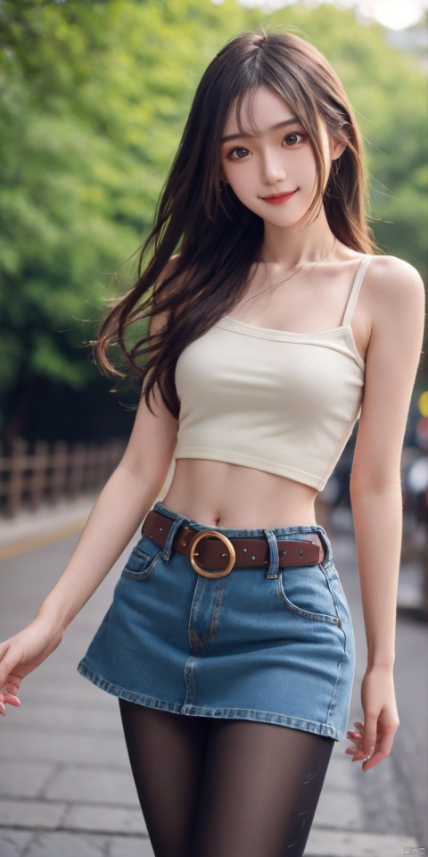  best quality, masterpiece, cowboy_shot,(Good structure), DSLR Quality,Depth of field,kind smile,looking_at_viewer,Dynamic pose,
 1girl, 3d, bare_shoulders, belt, blurry, blurry_background, blurry_foreground, branch, , , , collarbone, cosplay_photo, denim, denim_skirt, depth_of_field, , lips, long_hair, looking_at_viewer, midriff, miniskirt, motion_blur, navel, outdoors, photo_\(medium\), realistic, skirt, solo, standing, tree, , , , blackpantyhose, , , , , futuaner