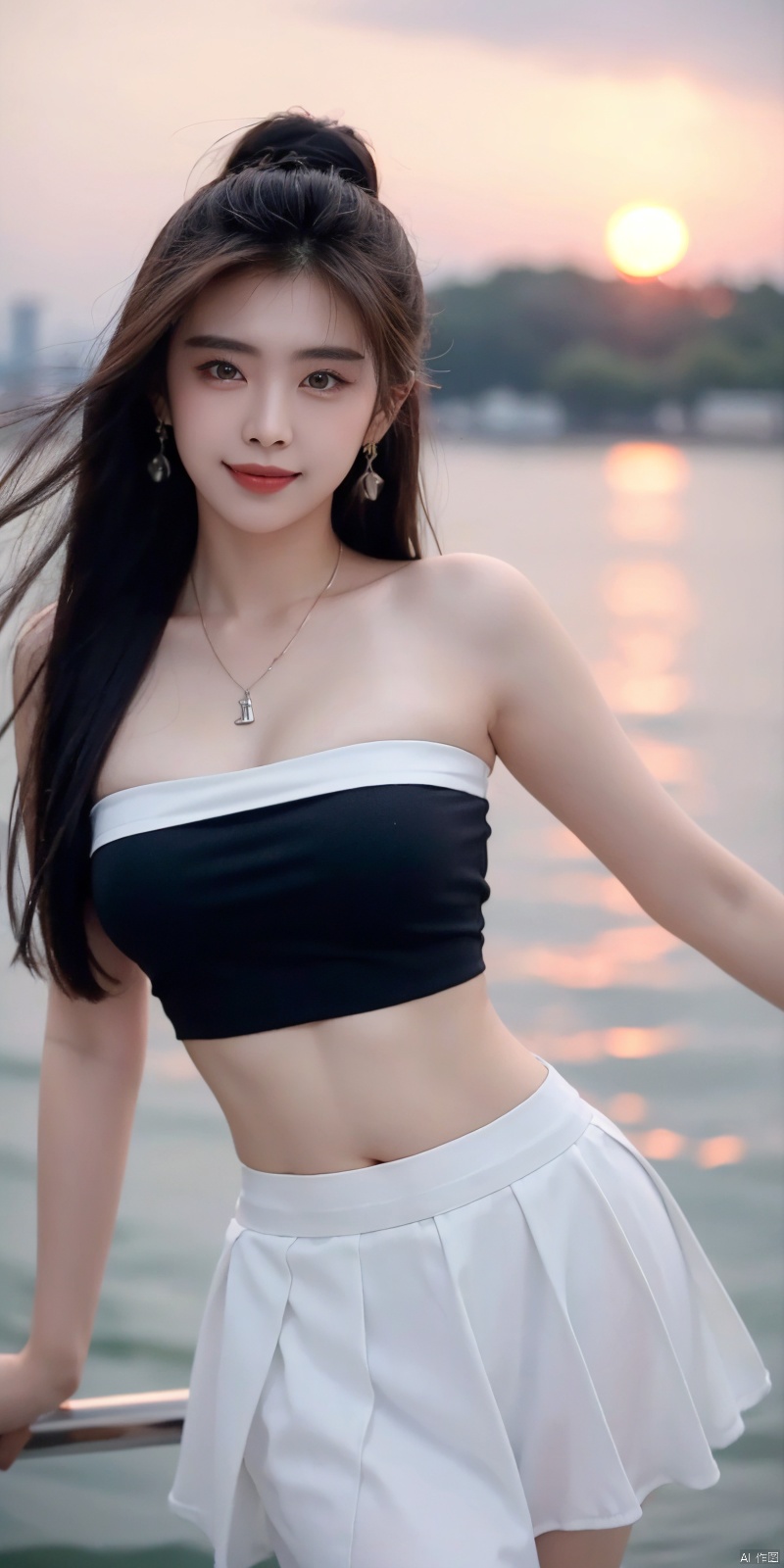  (Good structure),cowboy_shot, DSLR Quality,Depth of field ,looking_at_viewer,Dynamic pose, , kind smile,,
1girl, solo, long hair, , looking at viewer, skirt, hair ornament, bare shoulders, jewelry, , black hair, earrings, outdoors, midriff, water, necklace, lips, crop top, grey eyes, leaning forward, ocean, white skirt, strapless vest, sunset, sun, wangzuxian, molika