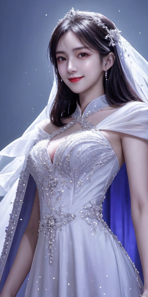  best quality, masterpiece, cowboy_shot,(Good structure), DSLR Quality,Depth of field,kind smile,looking_at_viewer,Dynamic pose, 
A chinese girl,Stunning crystal wedding dress cape, lavender, magic, soft lighting effects, blue dream background, octane rendering, surreal, HD 16K-AR, weddingdress, xuxin,