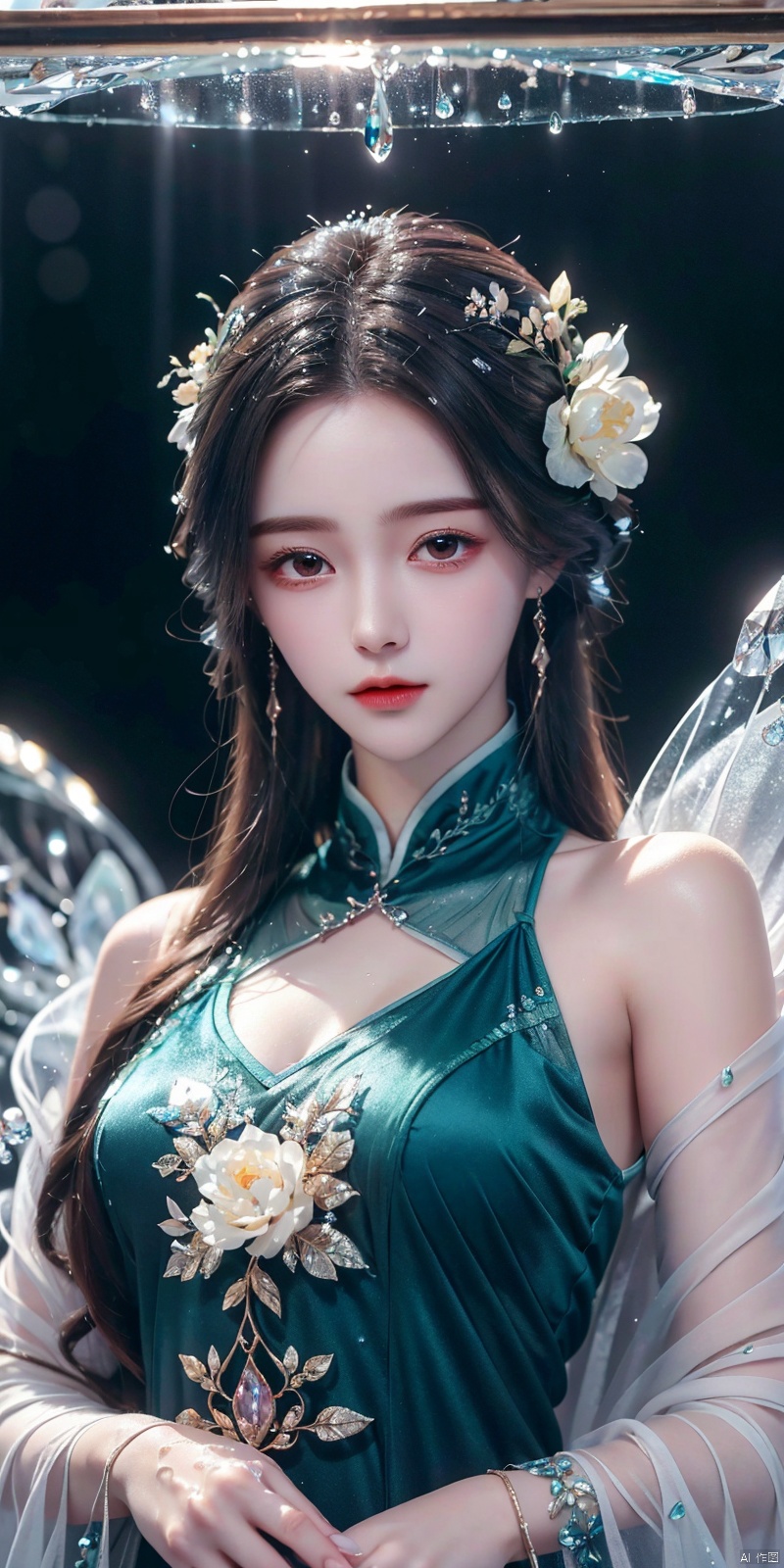  1girl,hanfu,,((water drops)),wet clothes,((beautiful detailed water)),((floating)),dynamic angle,(((crystals texture Hair))),((beautiful detailed glass hair)),((glass shaped texture hand)),((crystallize texture body)),gem body,hands as clear as jewels,crystallization of clothes,((crystals texture skin)),sparkle,lens flare,light leaks,broken glass,detailed glass shaped clothes,beautiful detailed gemstone sky,gemstone sea,crystals texture flowers,((detailed crystallized clothing)),beautiful detailed glow, (detailed ice), beautiful detailed water, ruhua, , ((poakl)), liushen