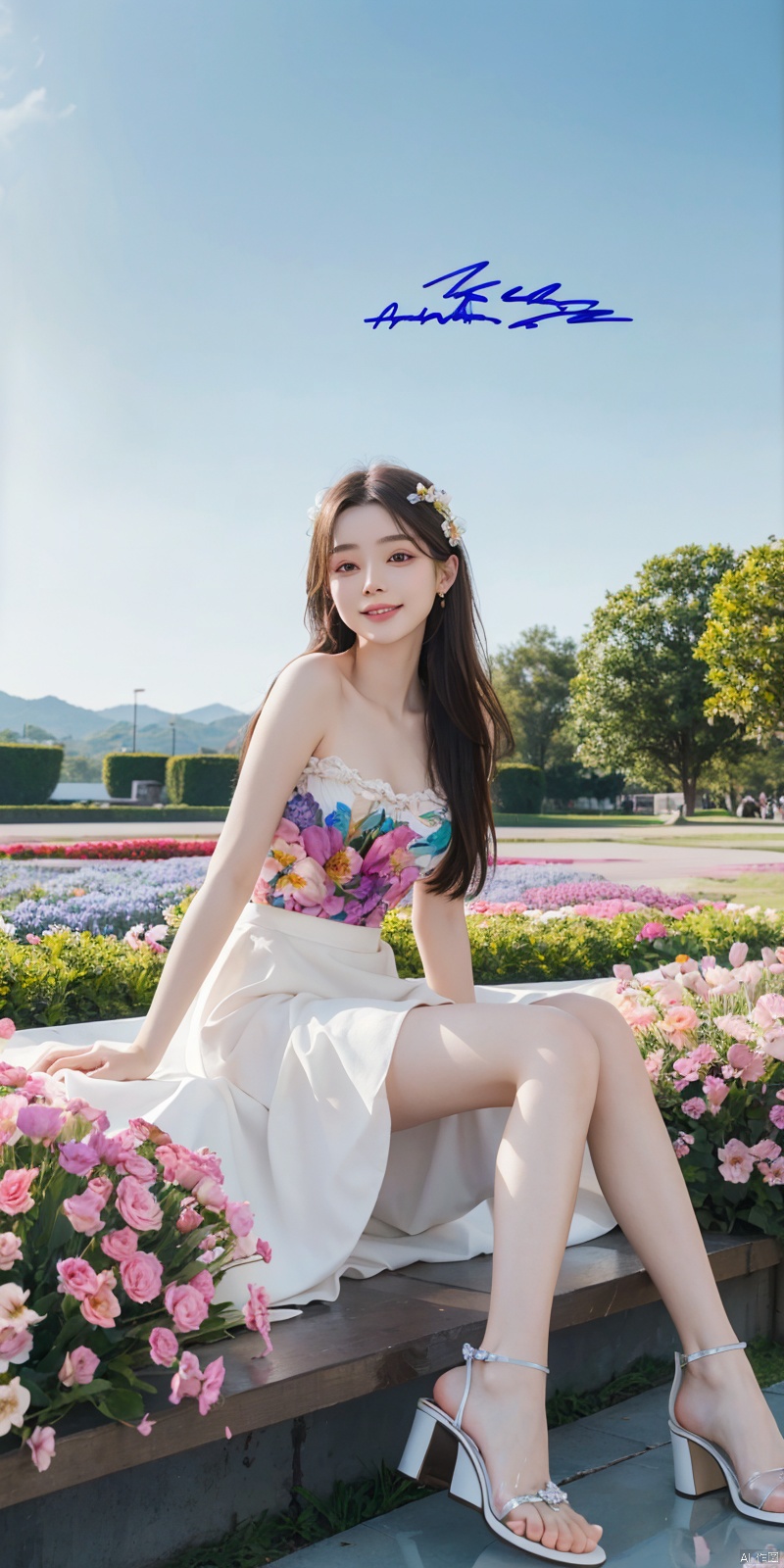  (Good structure),cowboy_shot, DSLR Quality,Depth of field ,looking_at_viewer,Dynamic pose, , kind smile,
best quality, masterpiece, illustration, (reflection light), incredibly absurdres, ((Movie Poster), (signature:1.3), (English text), 1girl, girl middle of flower, pure sky,clear sky, outside, collarbone, sitting, absurdly long hair, clear boundaries of the cloth, white dress, fantastic scenery, ground of flowers, thousand of flowers, colorful flowers, flowers around her, various flowers,bare shoulders,skirt, sandals,,, , tasha