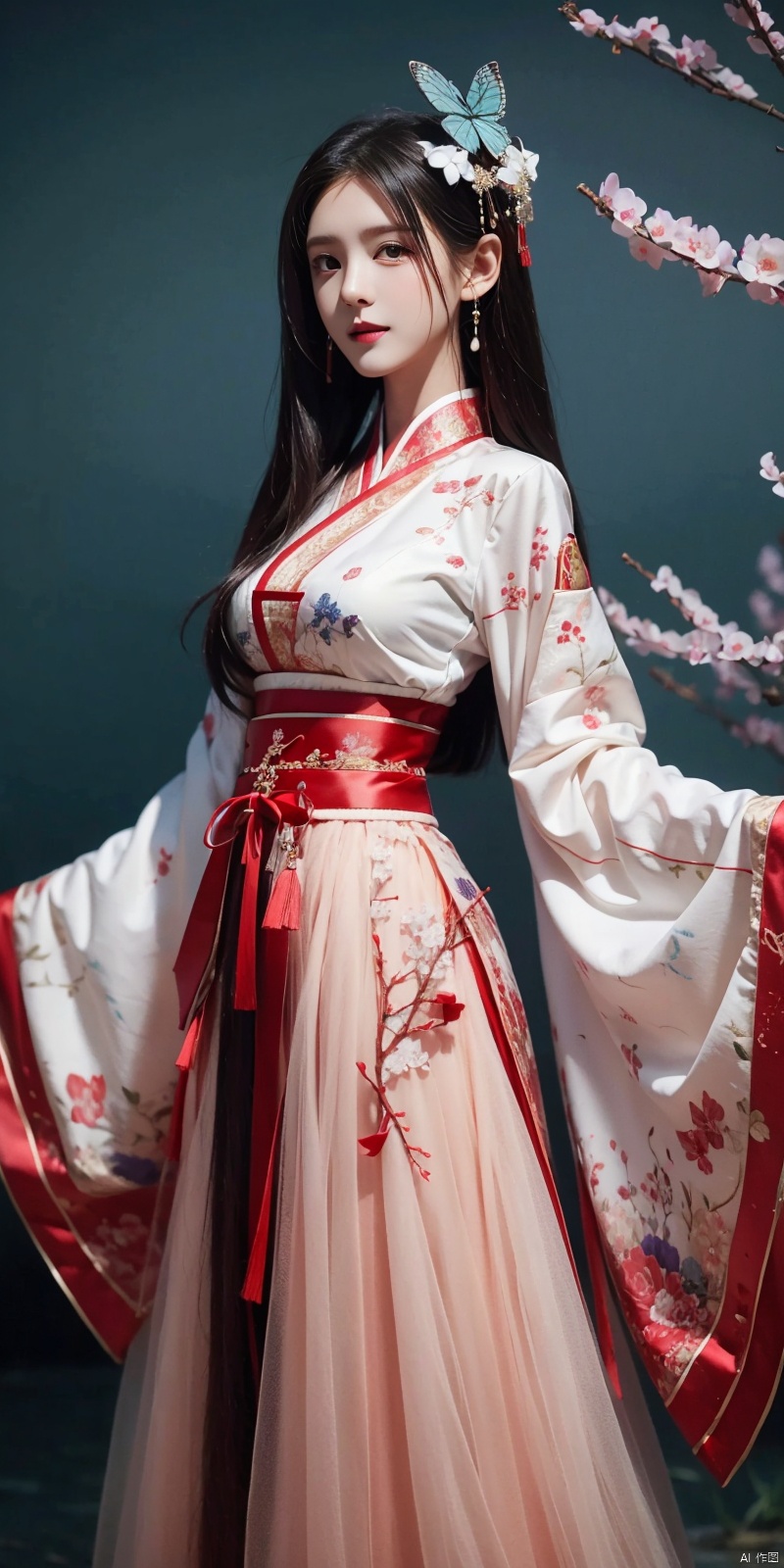  best quality, masterpiece, (cowboy_shot),(Good structure), DSLR Quality,Depth of field,kind smile,looking_at_viewer,Dynamic pose, line art,line style,as style,best quality,masterpiece, The image features a beautiful anime-style illustration of a young woman. She has long black hair and is dressed in a traditional Chinese outfit. The outfit consists of a white top with blue and purple accents, a long skirt, and a butterfly-shaped mirror in her hand. She stands against a backdrop of a clear blue sky and a body of water, with butterflies fluttering around her. AI painting pure tag structure: anime, art, illustration, traditional clothes, blue, white, long hair, black hair, butterfly, mirror, sky, water, , chineseclothes, zhangyuxi