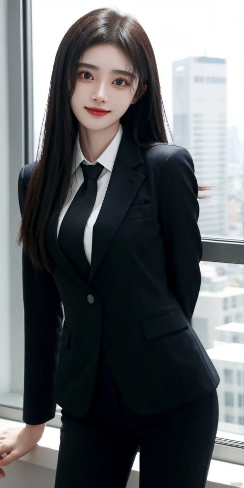  best quality, masterpiece, cowboy_shot,(Good structure), DSLR Quality,Depth of field,kind smile,looking_at_viewer,Dynamic pose, 
Modern businesswoman, dressed in a sleek suit and tie, posing confidently in a modern office setting, cityscape view through the window, focused expression, powerful pose, professional attire, realistic lighting, sharp focus., jujingyi