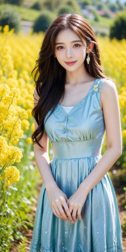 cowboy_shot,(Good structure),standing in a sea of rapeseed flowers, charming eyes, kind smile, surrounded by blooming yellow rapeseed flowers, forming a beautiful picture, high quality picture, full HD picture, 8K resolution, photorealistic, intricate details, sharp focus, vibrant colors, trending on ArtStation, trending on CGSociety, by Greg Rutkowski, Midjourney, Jeremy Mann, Antonio Moro, Ed Blinkey, Atey Ghailan, Studio Ghibli, heart professional majestic oil painting, popular on DeviantArt, concept art, artwork., lvshui-blue dress, Light master, (\meng ze\), 1girl, ((poakl)), nazha