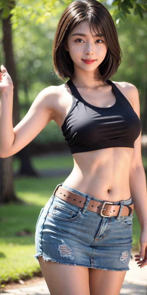  best quality, masterpiece, cowboy_shot,(Good structure), DSLR Quality,Depth of field,kind smile,looking_at_viewer,Dynamic pose,
 1girl, 3d, bare_shoulders, belt, blurry, blurry_background, blurry_foreground, branch, , , , collarbone, cosplay_photo, denim, denim_skirt, depth_of_field, , lips, long_hair, looking_at_viewer, midriff, miniskirt, motion_blur, navel, outdoors, photo_\(medium\), realistic, skirt, solo, standing, tree, , , , , ,  youna,short_hair