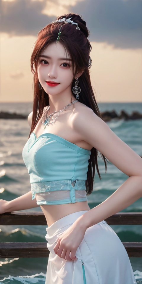 best quality, masterpiece, realistic,cowboy_shot,(Good structure), DSLR Quality,Depth of field,kind smile,looking_at_viewer,Dynamic pose, 
1girl, solo, long hair, , looking at viewer, skirt, hair ornament, bare shoulders, jewelry, , black hair, earrings, outdoors, midriff, water, necklace, lips, crop top, grey eyes, leaning forward, ocean, white skirt, strapless vest, sunset, sun, ,  , yeqinxian,brown_hair